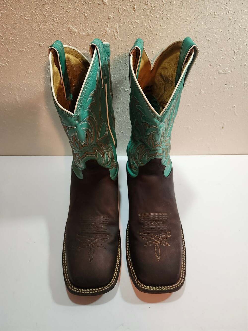 Tony Lama Brown Leather and Turquoise Shaft Square Toe Western Cowboy Boots